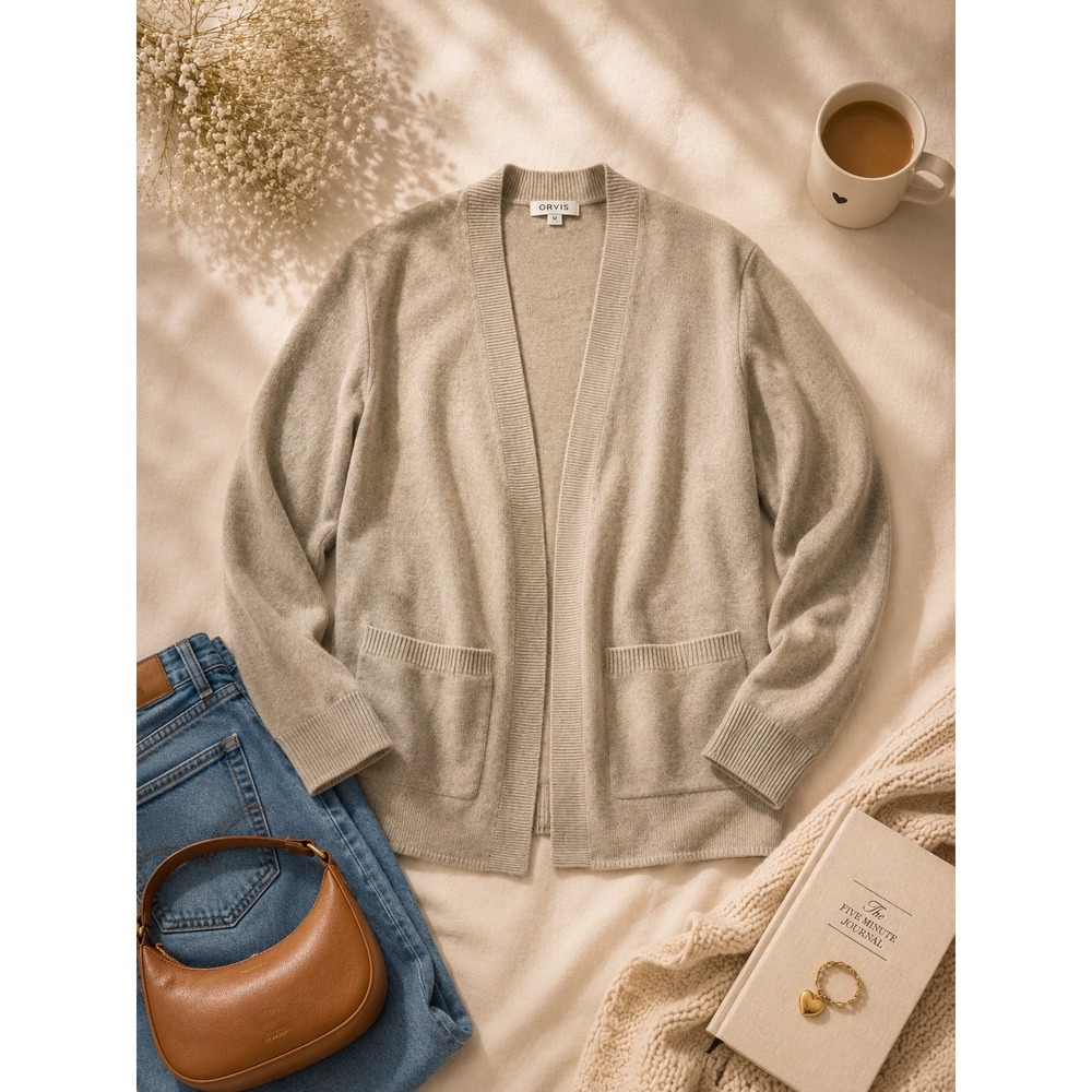 Orvis Womens 100% Cashmere Open Front Cardigan Sweater Oatmeal Beige Size M - Picture 1 of 8